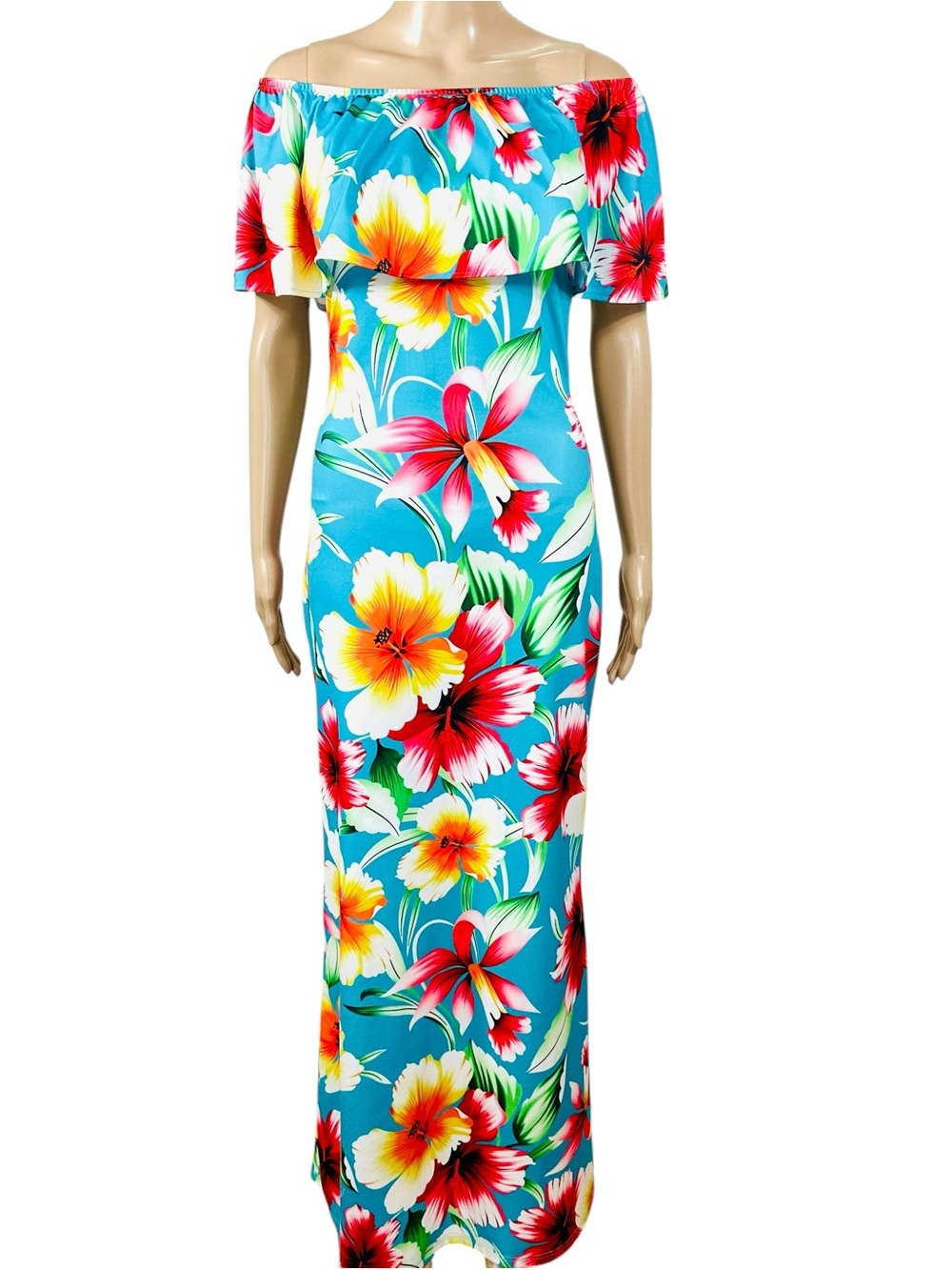 Off-Shoulder Tropical Floral Maxi Dress Turquoise body and multicolored print S